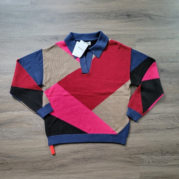 Naadam Navy Red Pink Tan Combo Color Blocked Polo Sweater NWT Size Large